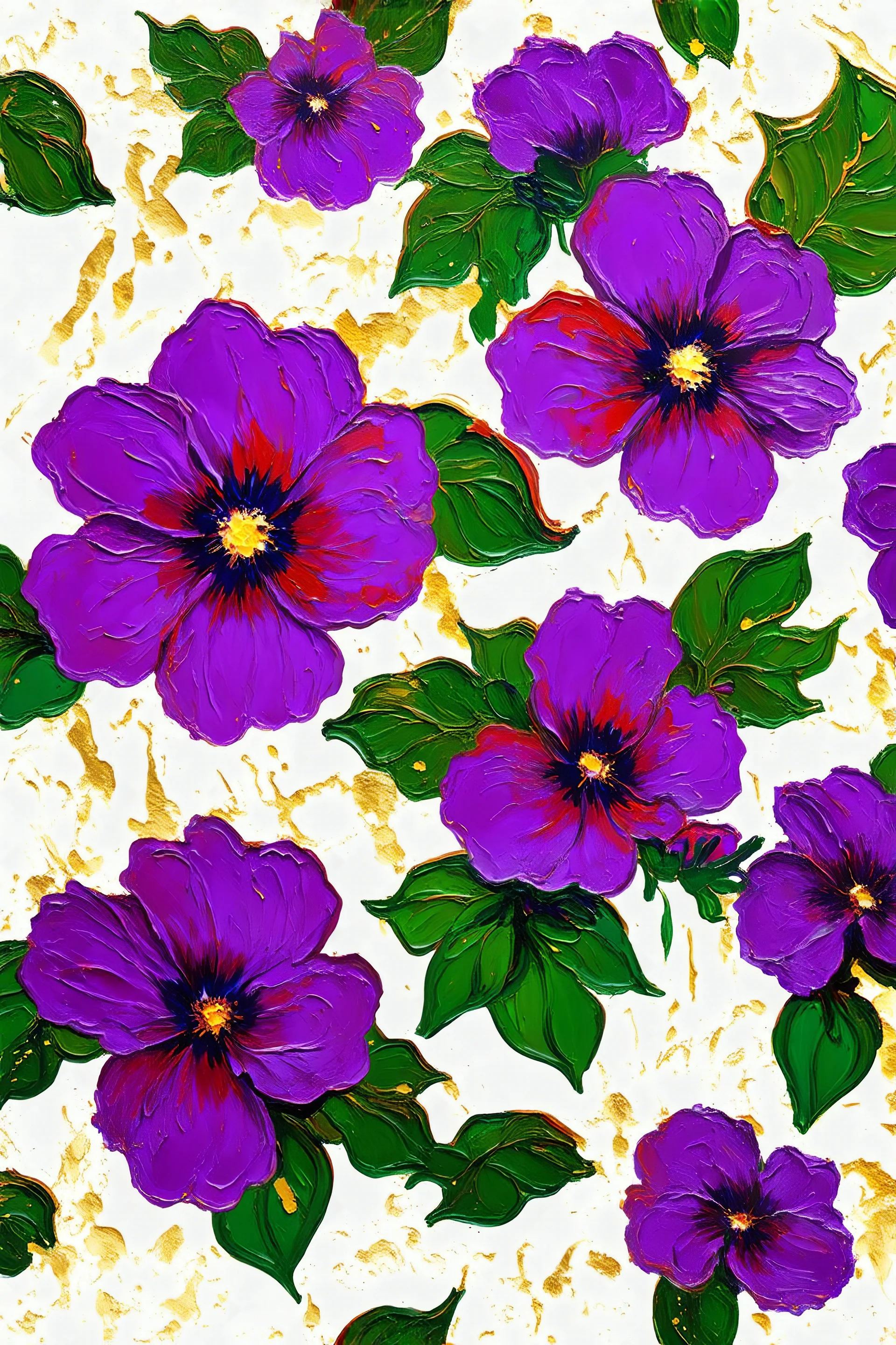 SEAMLESS Pattern masterfully detailed, vibrant big purple flowers, green leaves and golden lines created with spatulated oil painting techniques, featuring thick, impasto strokes, grunge scratches, and deposit of saturated oil pigments along the with white background