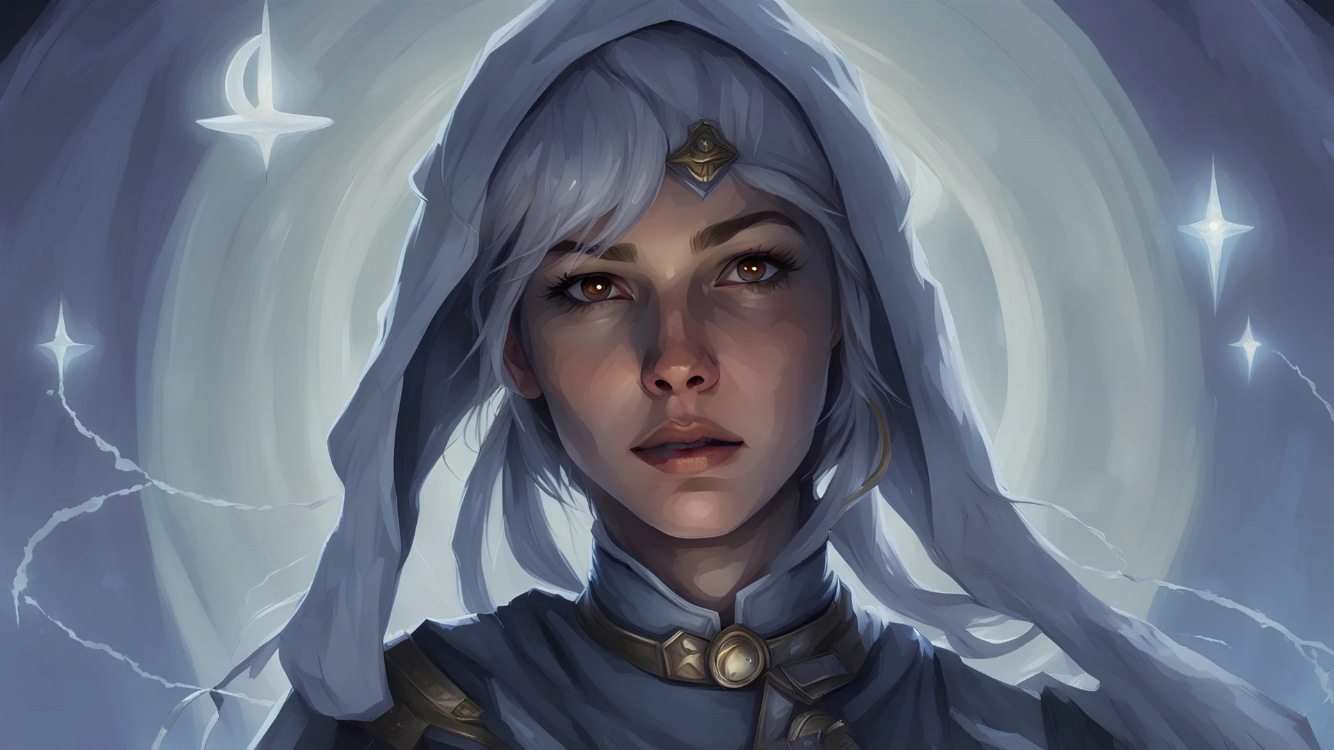 Generate a dungeons and dragons character portrait of a female elf who is a cleric of the moon and is surrounded by holy light