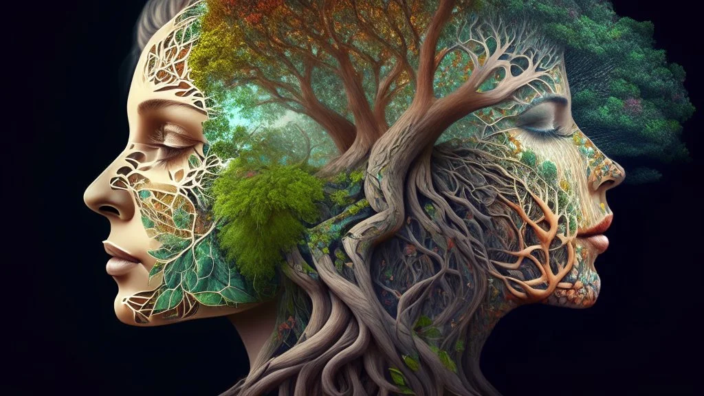 woman and tree mixed into one beautiful creature, intricate details, masterpiece, 3d, 64k, high resolution, high detail, computer graphics, hyperrealism, f/16, 1/300s. digital painting