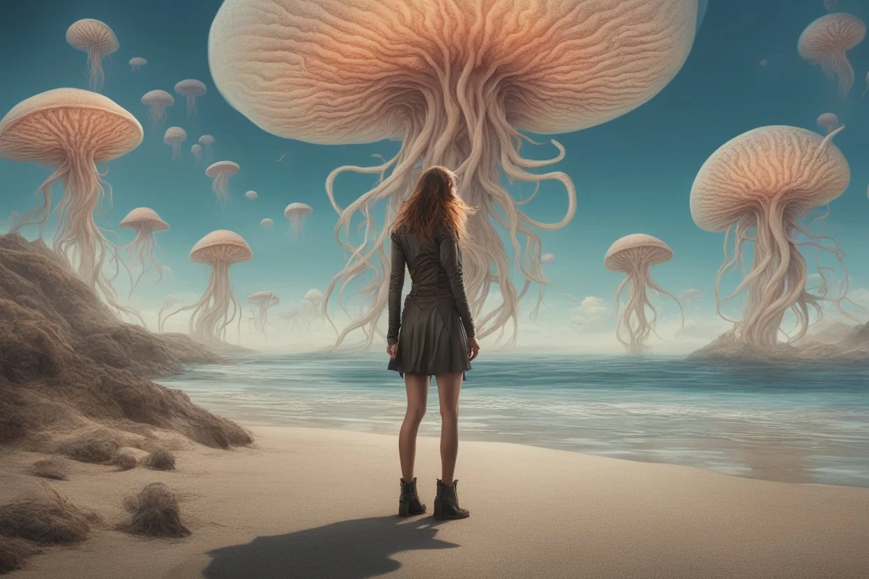 woman in a form-fitting outfit, standing on a beach of an alien world, watching mushrooms with jellyfish tentacles in the sky, photorealistic, Deep Colour, Fantastical, Intricate Detail, sunshine