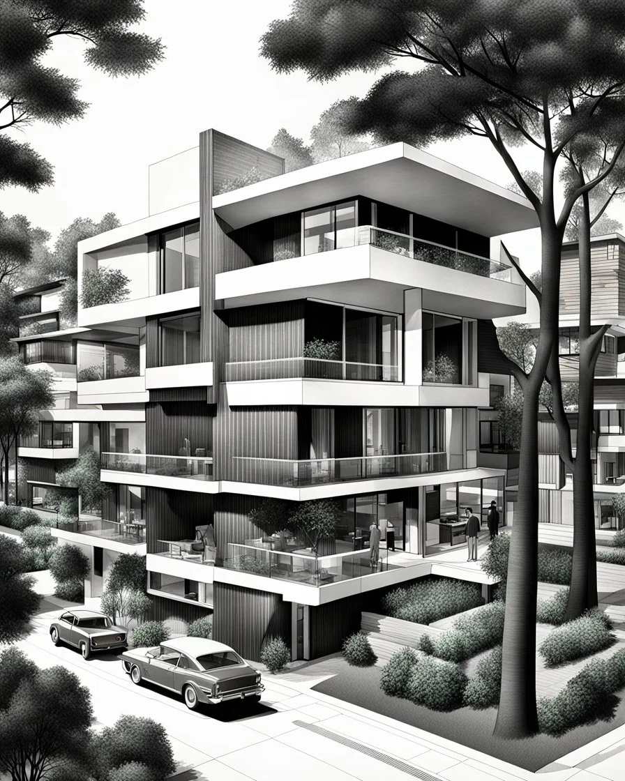 Architectural drawing of an urbanization of modern two-story houses, streets, trees, people and cars