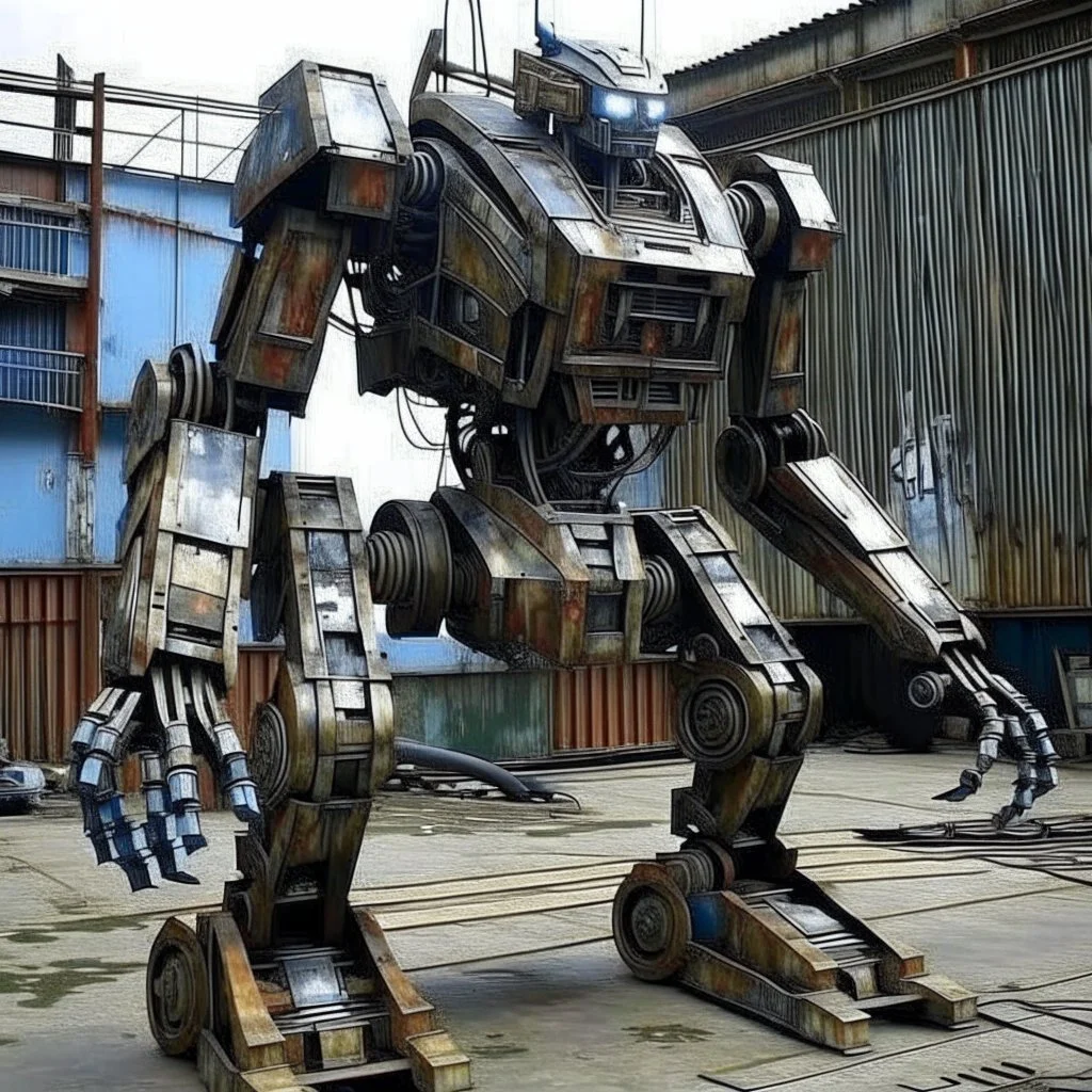 trash mech suit, human sized, made of scrap metal