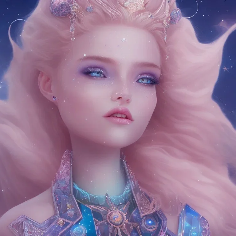 cosmic petit prince belle fine, profil de trois quart, grand front cosmique, peau bleu cristalline, yeux bleu, perle sur le front long cheveux blond et rose etoilé, cristaux sur le corps, collier de grande princesse, levres souriante, très jolie sourire