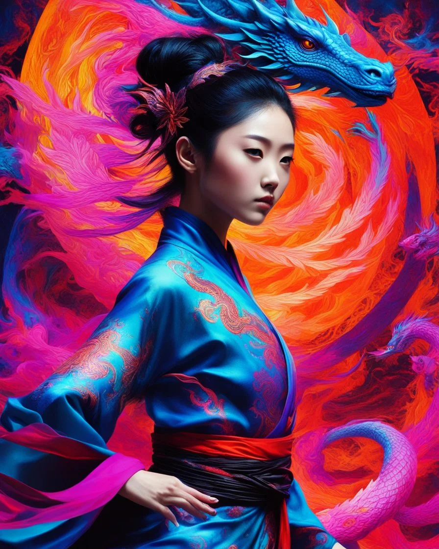 Kungfu Chinese girl sorrounded by Multiple Dragon China Art background Vibrant contrast colors psydhelic -inspired design visualized with abstract neons contrast colors and fluid shapes, showcasing the beauty of biomimicry