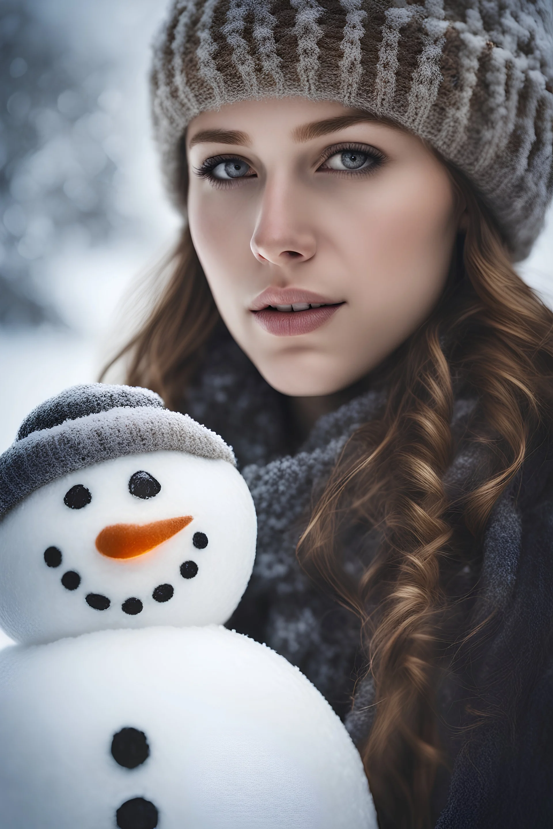 Double exposure between girl and snowman, winter in background dynamic light and shadow, mid-angle , intricate details, very detailed scene with intricate details, realistic, natural colors, highly detailed, perfect composition, beautiful detailed intricate image , insanely detailed 32k artistic photography, photorealistic concept art, soft natural volumetric cinematic perfect light