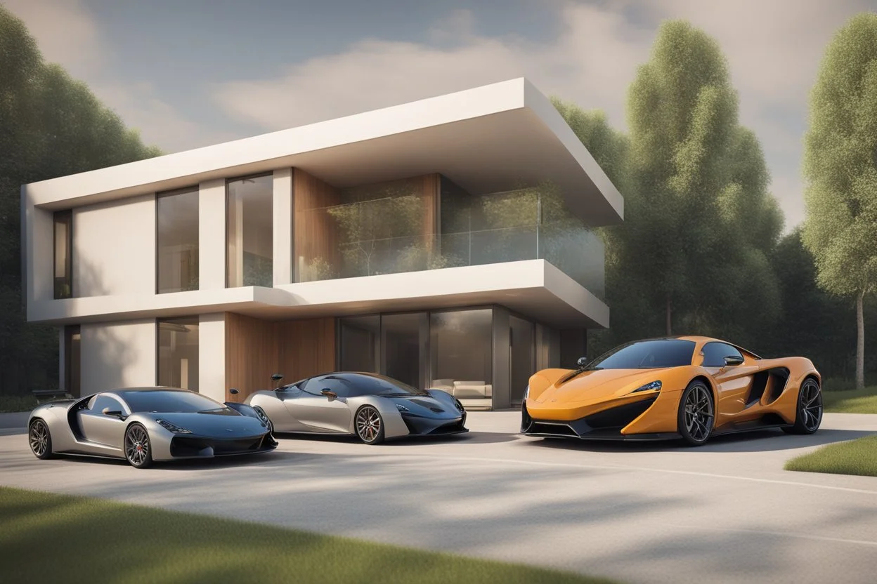 Modern apartment on the outskirts of a metropolitan city, with 2 supercars in the garage, with a beautiful background of the city, there are several trees next to it, it has a very strong impression, 3d rendering