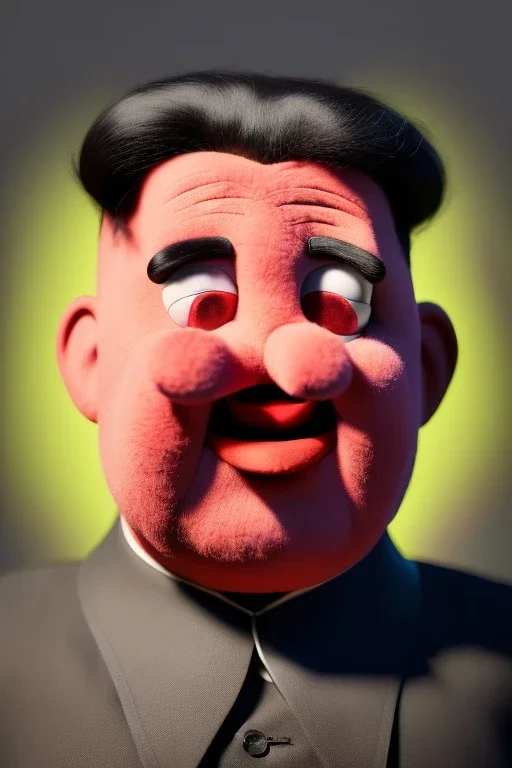 Waist up muppet Portrait, Kim Jong-un as muppet doll, black suit, photo studio, red background, unreal engine 5, concept art, art station, god lights, ray tracing, RTX, lumen lighting, ultra detail, volumetric lighting, 3d.