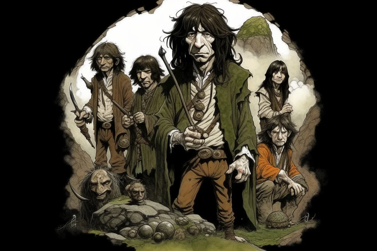 hobbit, all dressed with rock tshirts, dnd cover, 1970, dark fantasy