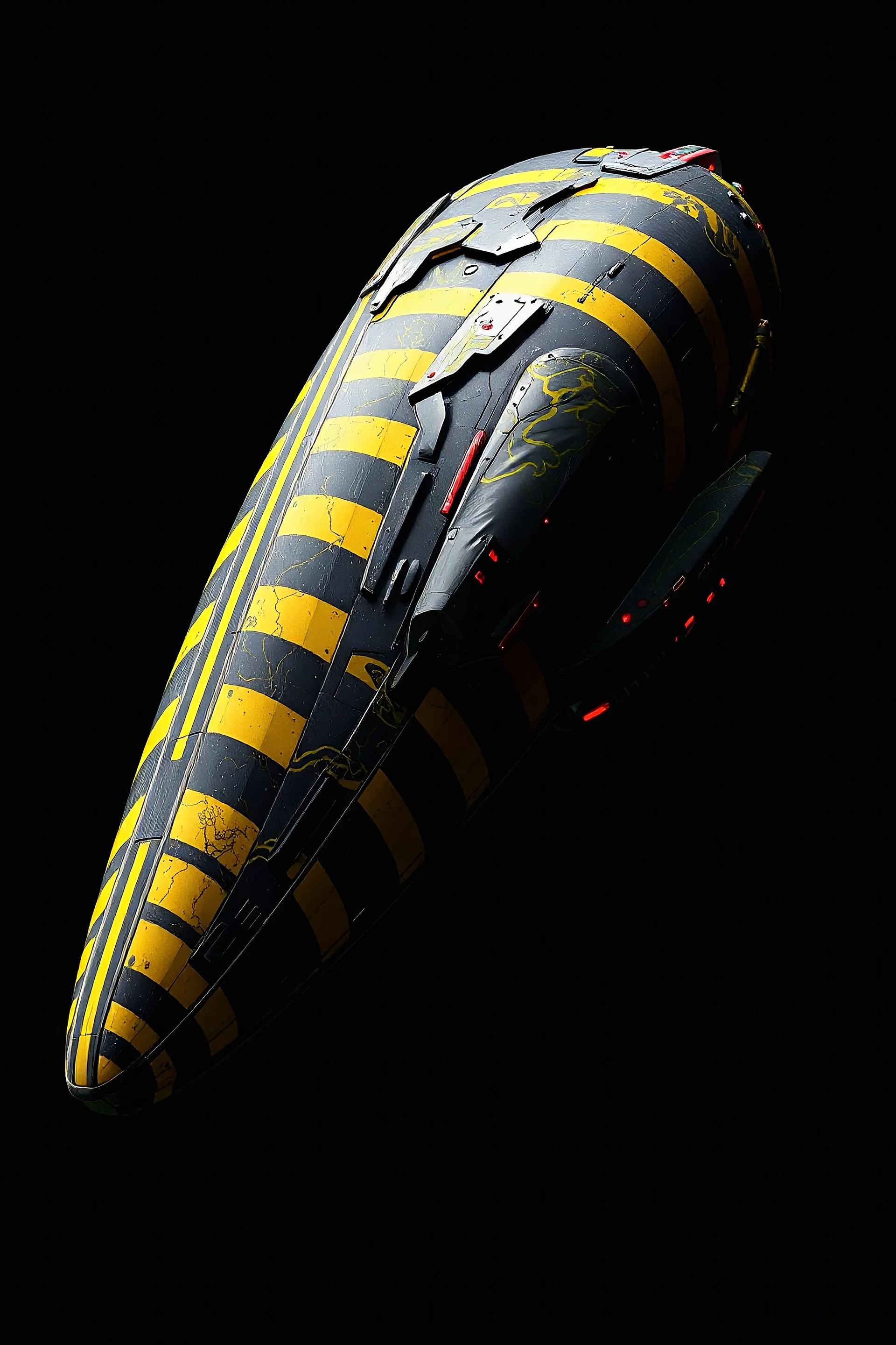 side view of a very large organic spaceship in black void in the style of Chris Foss. With a bright, yellow on black stripes with red highlights in an organic pattern. no background