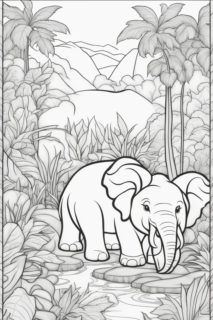 Stress Relief themed coloring page for kids, cartoon style, thick outline, No details, No shading, No colors, no background, black outline only, A cute jungle scene with playful animals and lush foliage for a calming escape