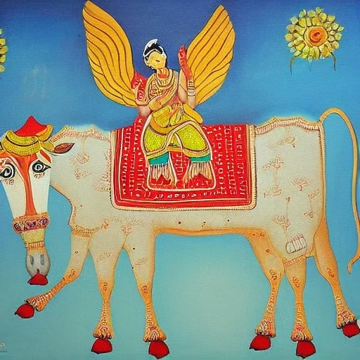 holy cow with wings in delhi indian painting style