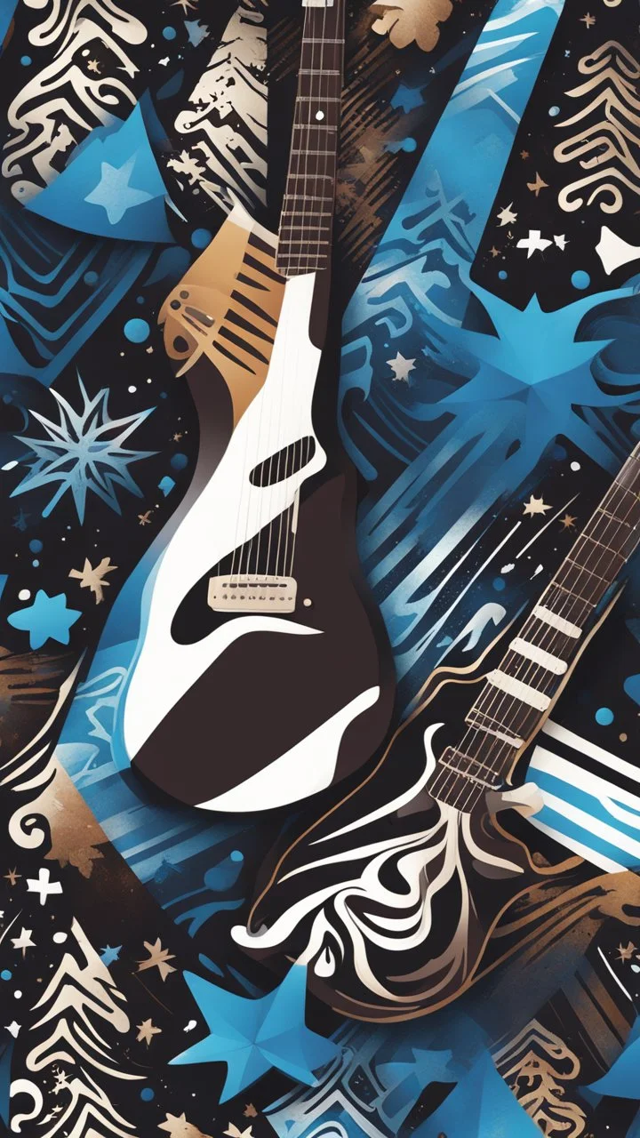 Create a dynamic snowboard pattern with a guitar theme, utilizing a maximum of 6 colors. Feature a stylized guitar fretboard running down the board in rich browns and blacks, complemented by rhythmic snowflakes in cool blues or silvers. Integrate a guitarist silhouette shredding down a mountain slope, using gradients for strumming motion. Keep the palette vibrant and harmonious, capturing the energy of music and snowboarding.