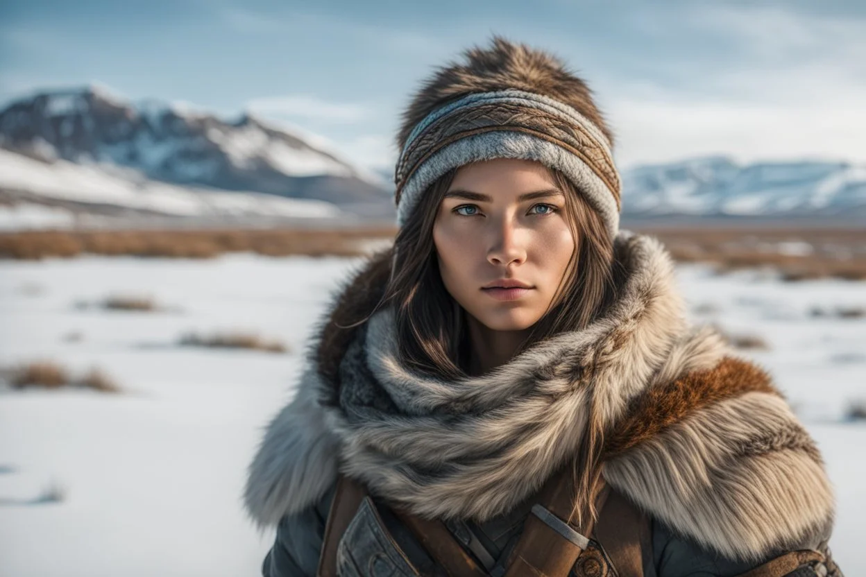 create a young, otherworldly lost Siberian nomadic female huntress with highly detailed, sharply lined and deeply weathered facial features in a desolate tundra steppe landscape , in natural winter tundra colors, 8k,