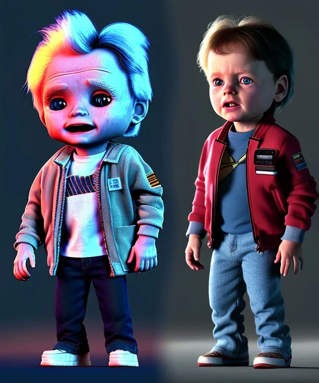 Marty mcfly toddler, Emmet brown toddler, full body, delorean, dramatic lighting, hyper realistic