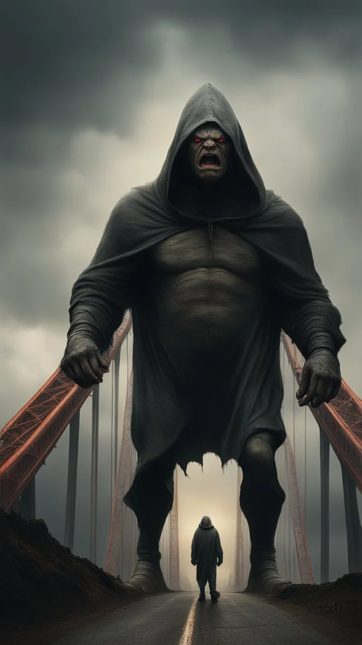 Bosch nightmares paining style Title:the angry giant hooded creature standing tall bigger than San Francisco golden bridge , 8k artistic photography, photorealistic concept art, soft natural volumetric cinematic perfect light, chiaroscuro, award-winning photograph, masterpiece, oil on canvas, Raphael, Caravaggio’s, Greg Rutkowski, people, beksinski, Giger