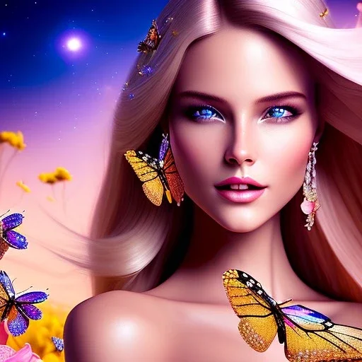 Princess, woman blondie, smile, beautiful place,amazing, flowers, colors, butterfly, , realistic, photo real, stars night, detailed, high contrast, 8k high definition, unreal engine 5, extremely sharp detail, light effect, light background