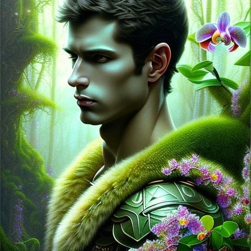 Handsome Male fae, sidhe, ominous,with abs, nature, orchids, dnd character portrait, intricate, oil on canvas, insanely detailed, 16k resolution, retroanime style, perfect eyes, round pupil, cinematic smooth, intricate detail , soft smooth lighting, soft pastel colors, painted Renaissance style