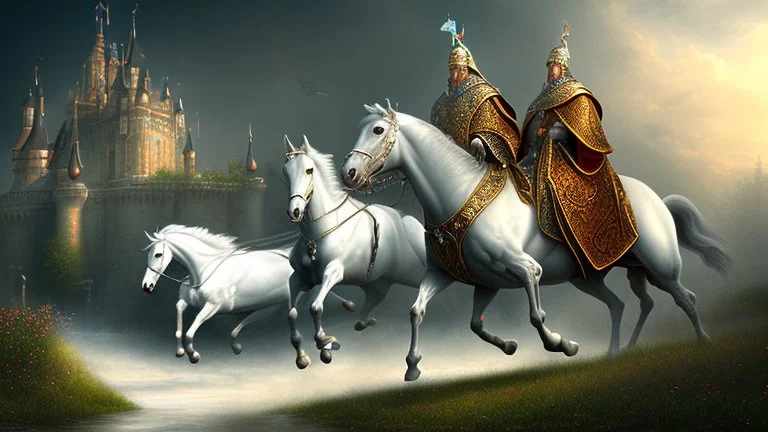 king rides white horse from the castle gate