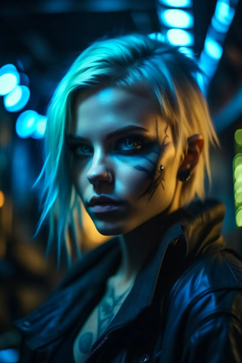 hyper real water color of blonde pierced cyberpunk Malkavian vampire portrait with clear blue-green eyes in moon light feeling in control in goth ruins, zeiss prime lens, bokeh like f/0.8, tilt-shift lens 8k, high detail, smooth render, down-light, unreal engine, prize winning