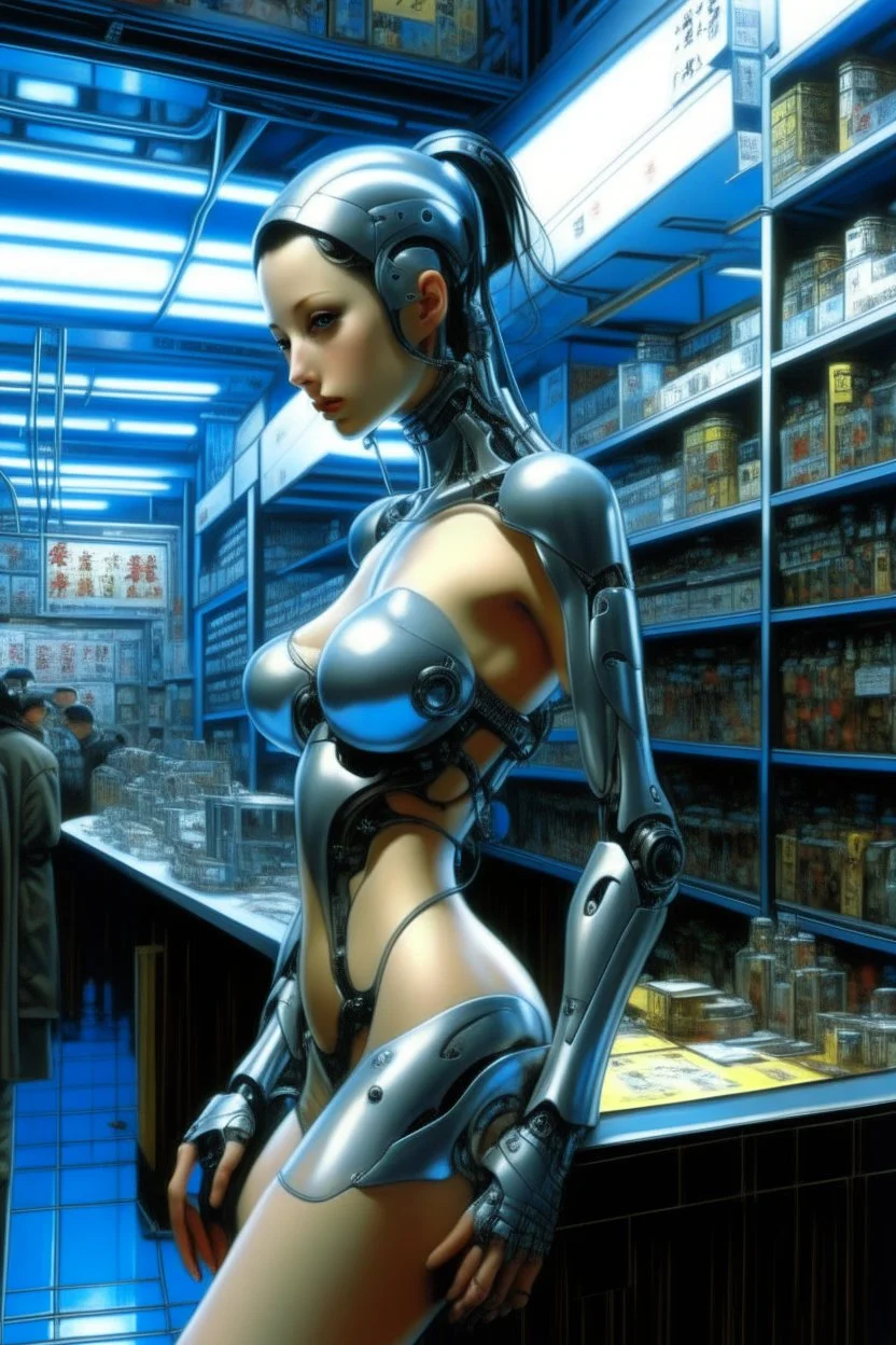 A digital photography by Hajime Sorayama of a beautiful gynoid standing in a cyberpunk shopping.