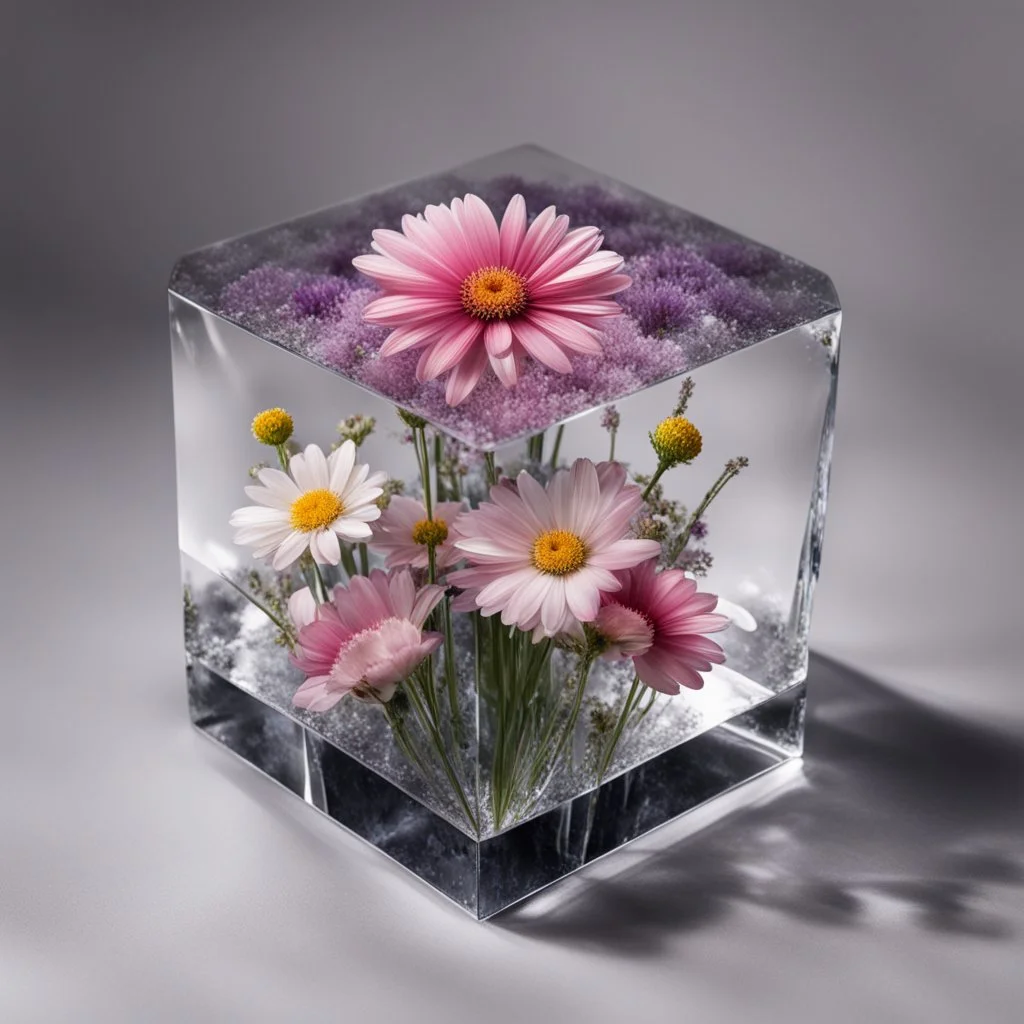 Flowers in a crystal cube