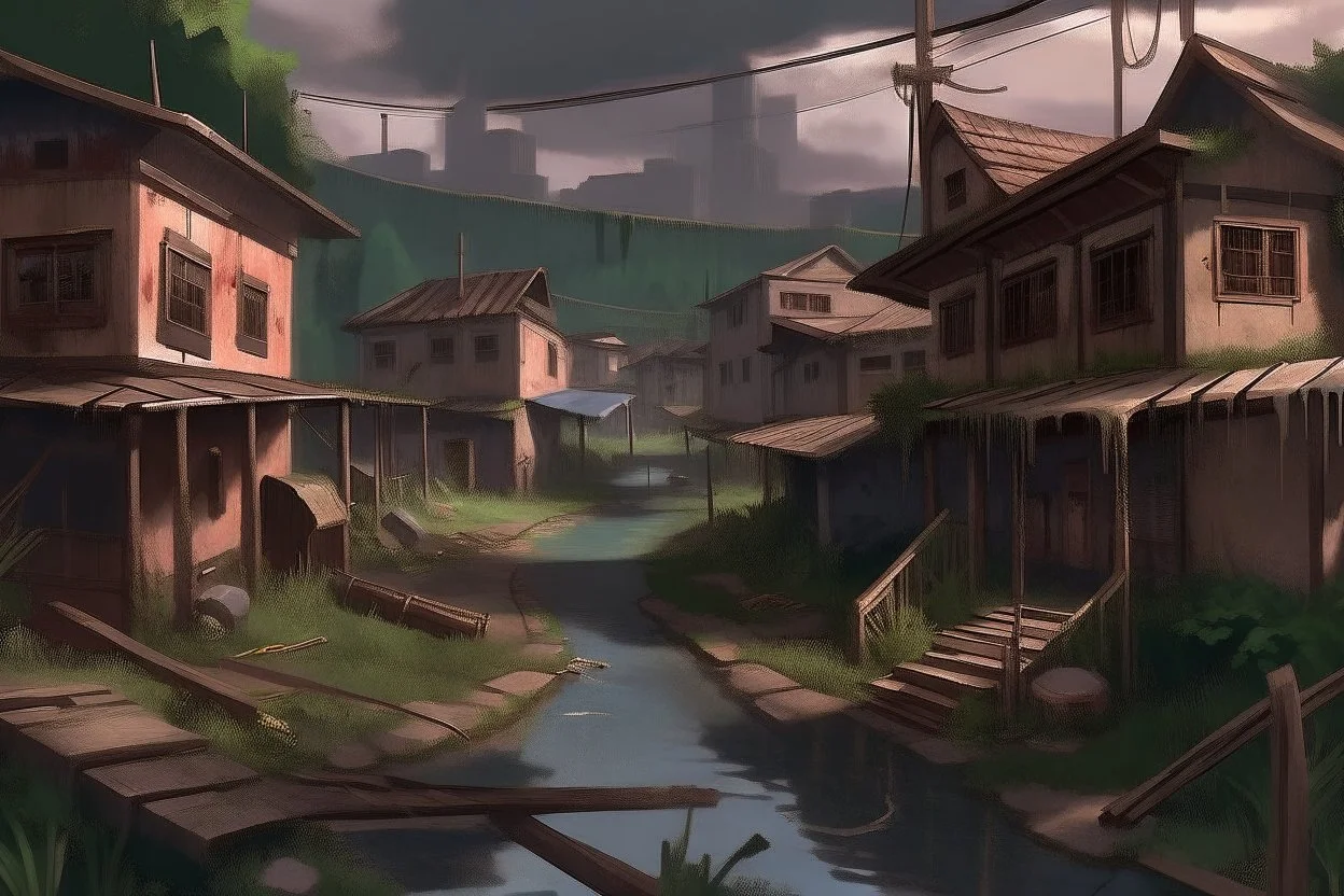 TLOU Town but in the style of Bob Ross's oil painting. No people.