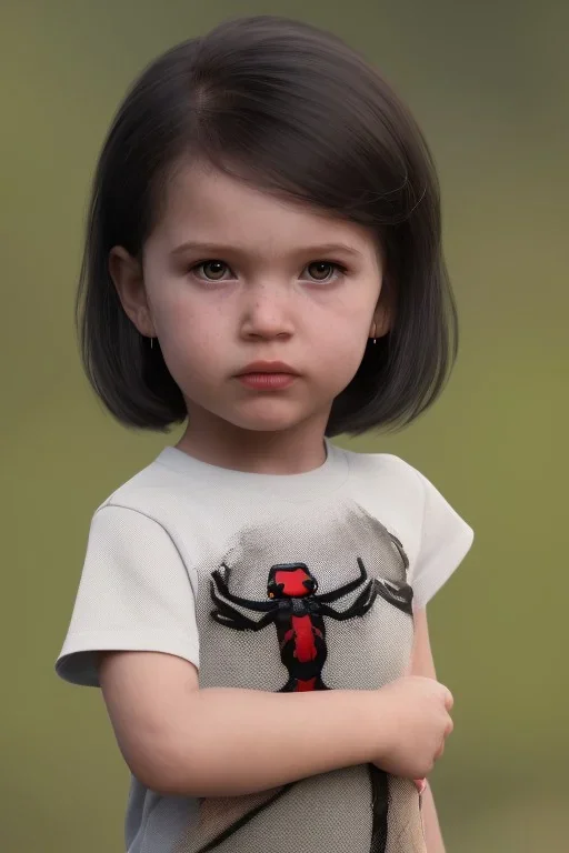 Black widow toddler, serious, full body, bokeh, hyper realistic