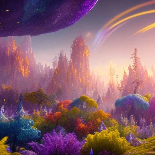 blue gold and violet landscape with multicolored crystals falling from the sky, full of details, smooth, bright sunshine，soft light atmosphere, light effect，colorful, concept art, smooth, extremely sharp detail, finely tuned detail, ultra high definition, 8 k, unreal engine 5, ultra sharp focus