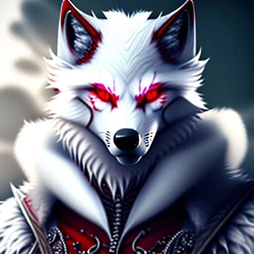 Feral, White fur, Werewolf, Red eyes, character, waist up portrait, oil on canvas, expert, insanely detailed, 4k resolution, cinematic smooth, intricate detail,