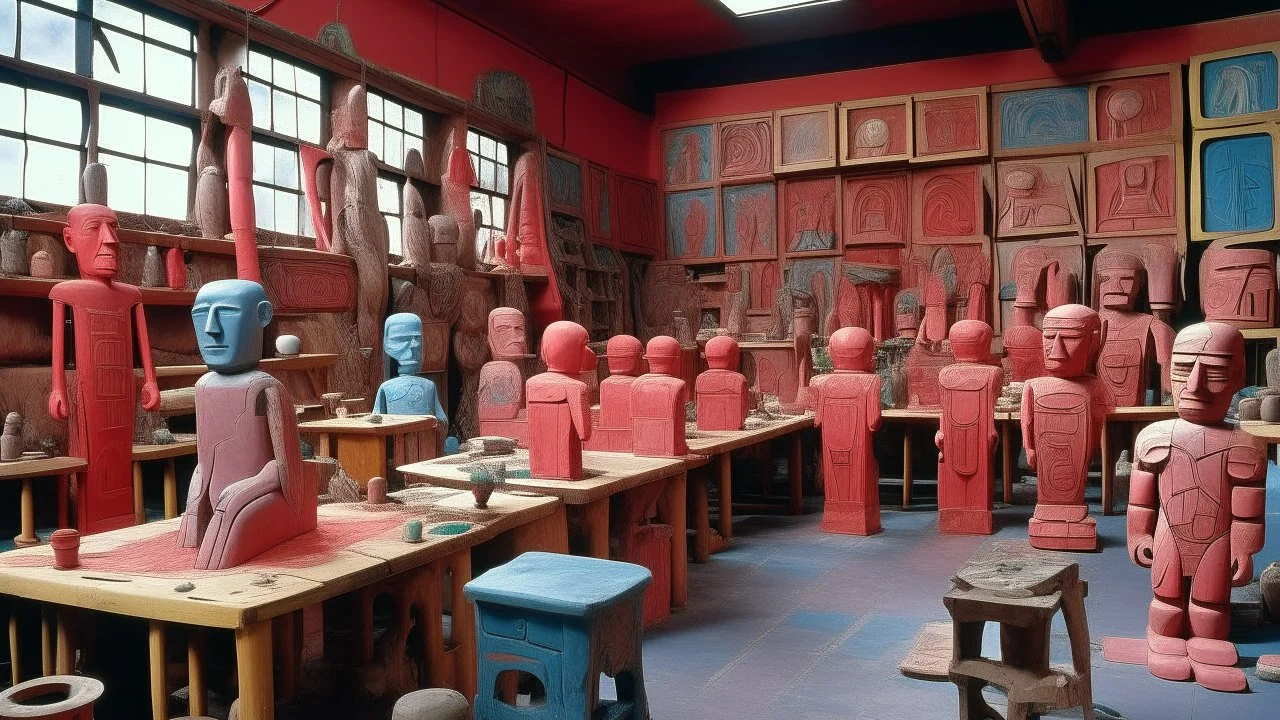A reddish gray workshop with machines designed in Hawaiian tiki statues painted by Paul Klee