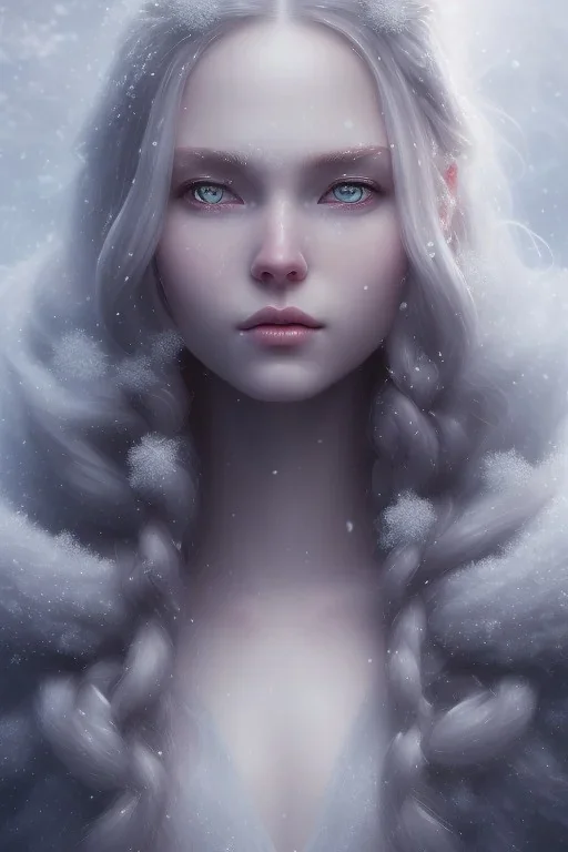 girl, cute, beautiful, snow queen, long hair, blue eyes, makeup, white hair, closed mouth, tilted head, front facing, long eyelashes, big nose, 8k resolution concept art portrait by Greg Rutkowski,