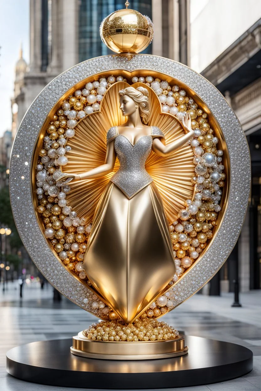 A magnificent golden and silver heart-shaped sign adorned with a stunning golden sphere encrusted with sparkling diamond clusters at its center, elegantly spinning in position,a golden statue of a girl in standing pose