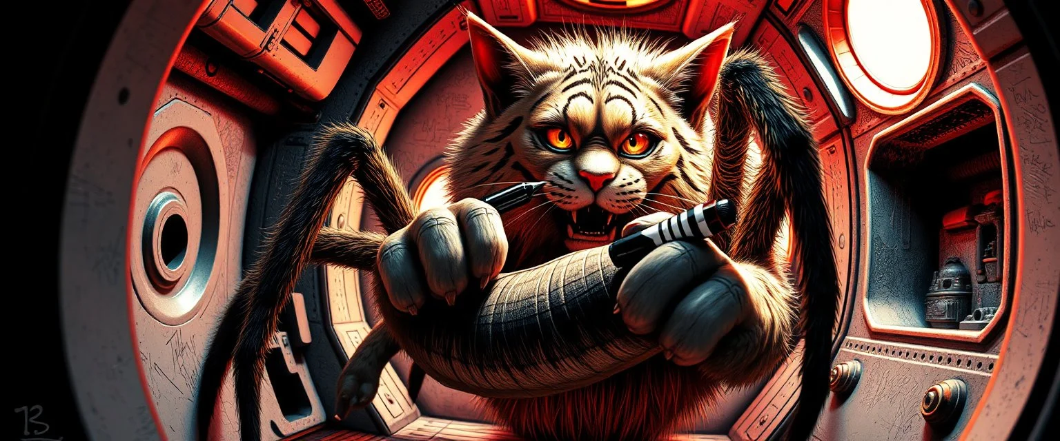 gritty air brush 3d with pen outline, vampire space Steph Maj Swanson loab spider lion cat holding a human in its grip, pin hole cam in doll house space ship