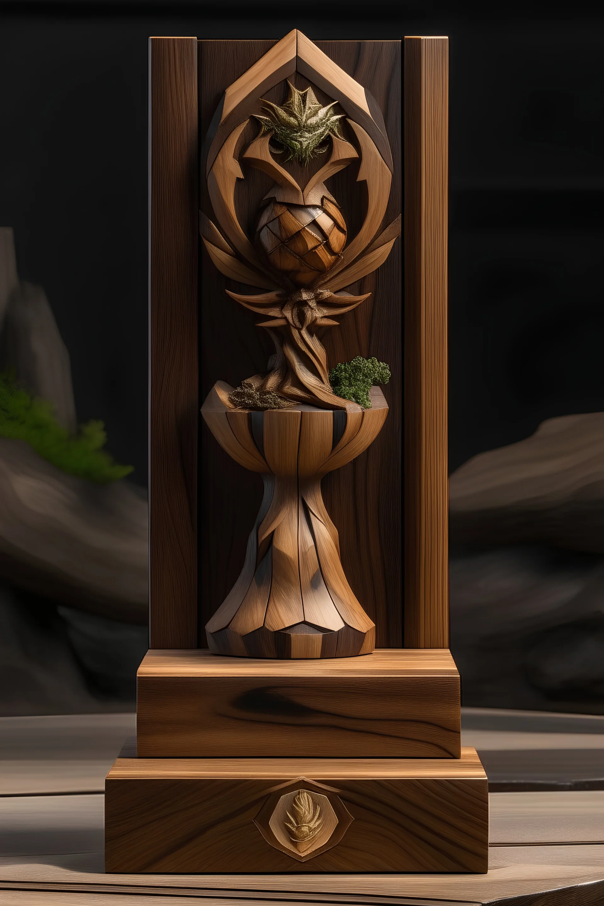 trophy made from wood with the 4 elements