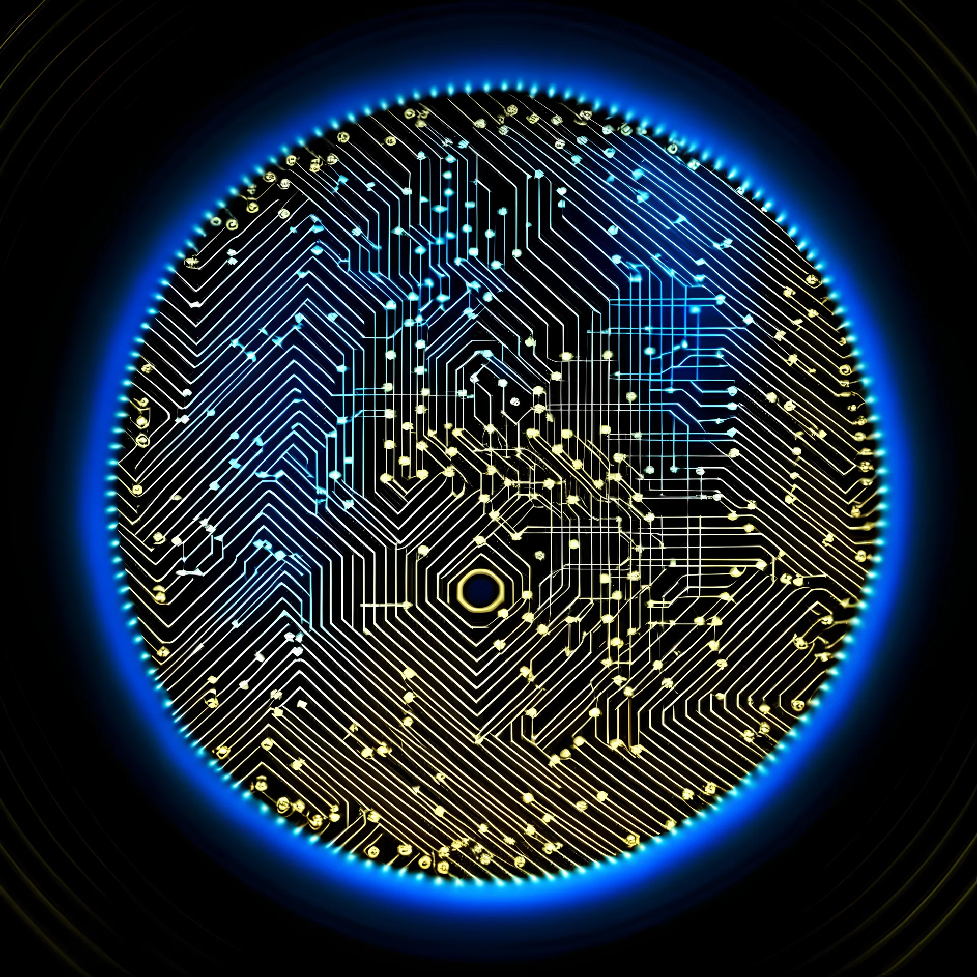 Blue and gold circle logo of a fingerprint made of circuit board traces, neural network background