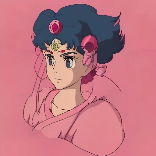 Beautiful, Fire witch, round face, pale skin, wild curly pink hair, red eyes, pink and red eyeshadow, pink glossy lips, wearing a pink witch, wearing a red crystal necklace. Sailor moon style