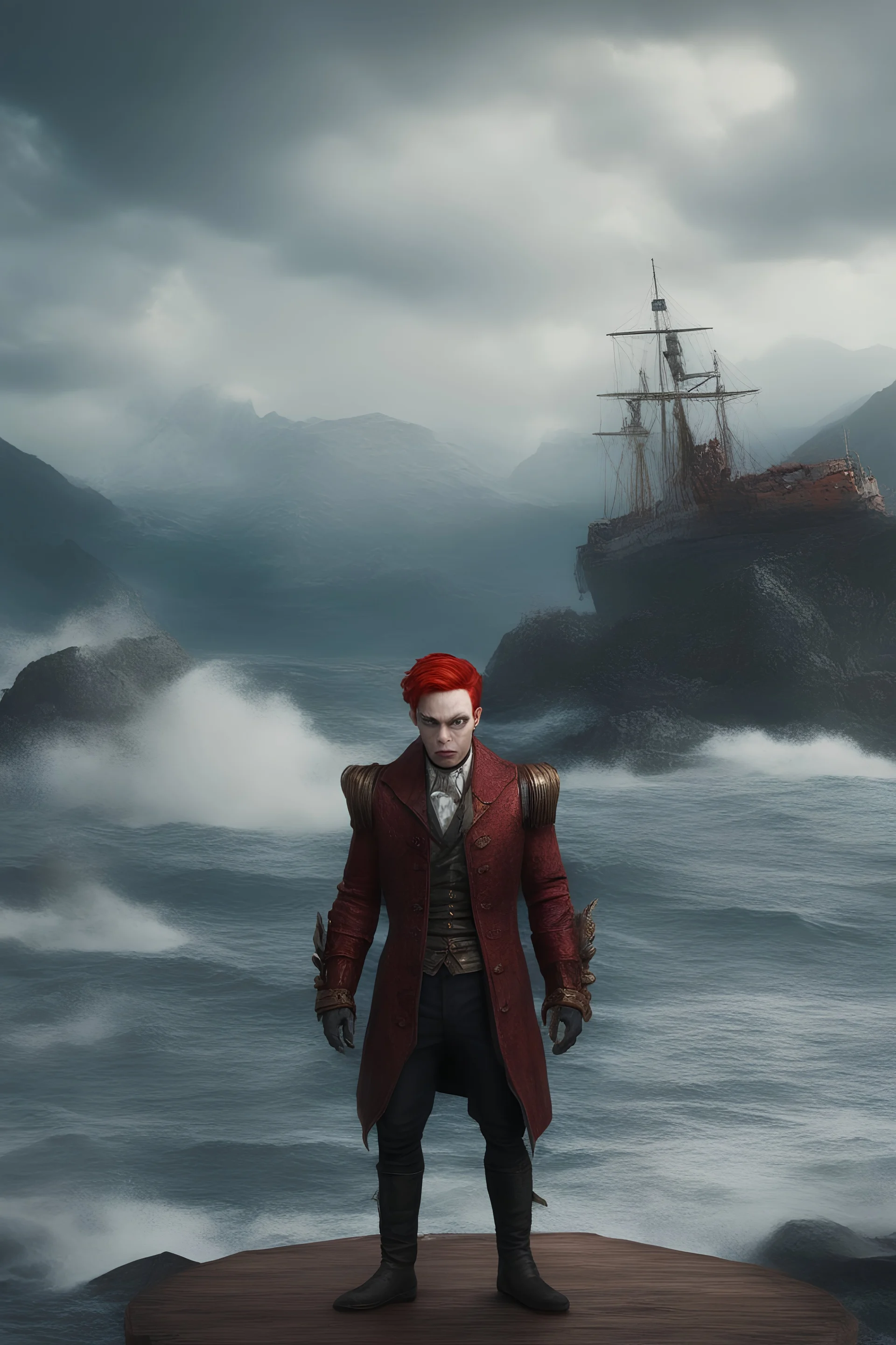 full body, head to toe, 3D, an anthropomorphic vampire Kraken man, with short, pixie-cut, (((red hair))) tapered on the sides - full color - 32k, UHD, 1080p, 8 x 10, glossy professional quality digital photograph - raging sea and mountains and a ship in the background, historic, powerful, exquisite detail, sharp - focus, ((skin details, high detailed skin texture))