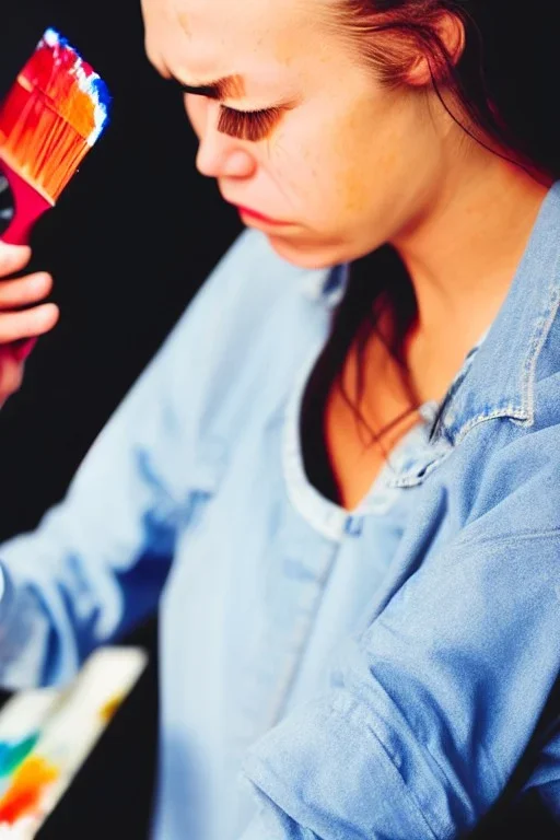 Artist crying, holding paintbrush