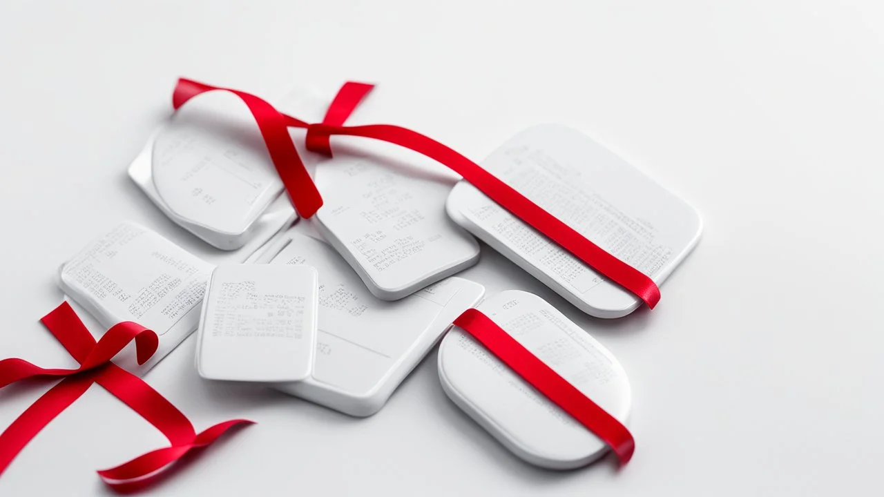 white background, red medical tablets, red ribbon