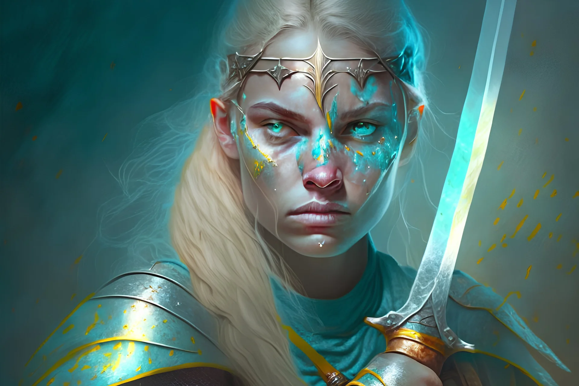 Blind female soldier with an opal longsword, 3/4 portrait