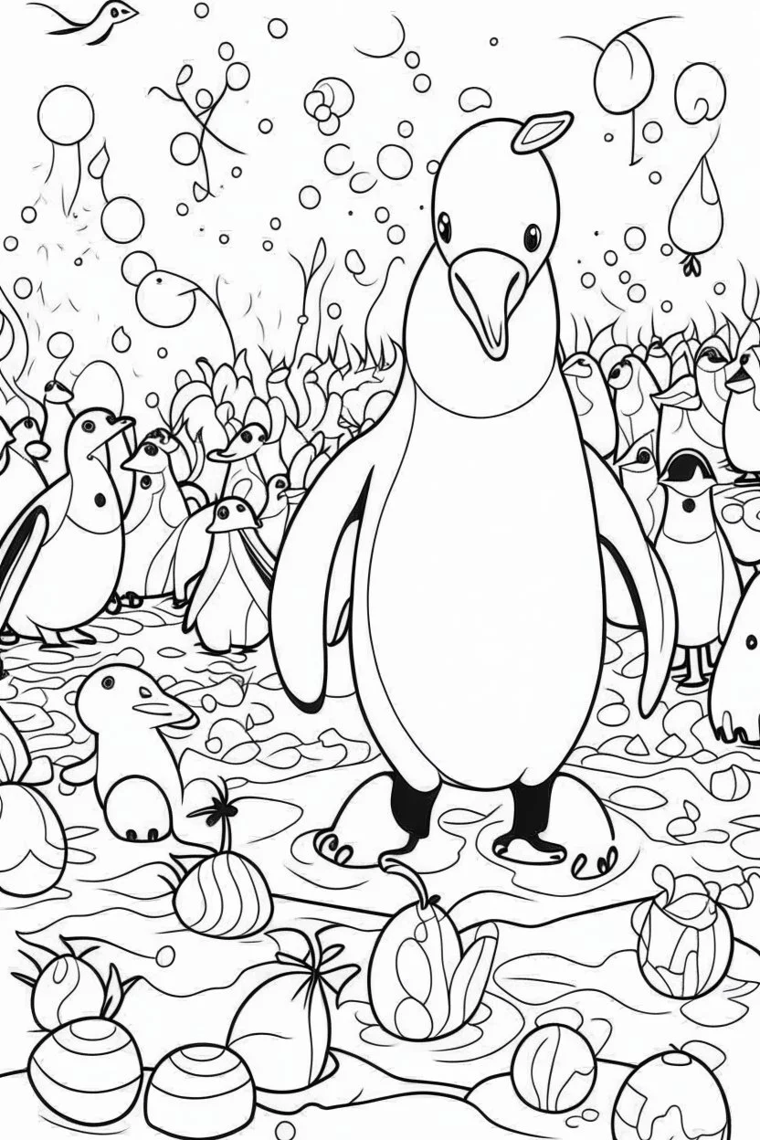 HAPPY NEW YEAR coloring page for kids, A cute penguin parade with confetti in a chilly Arctic scene, thick outline, low details, no shading, no color