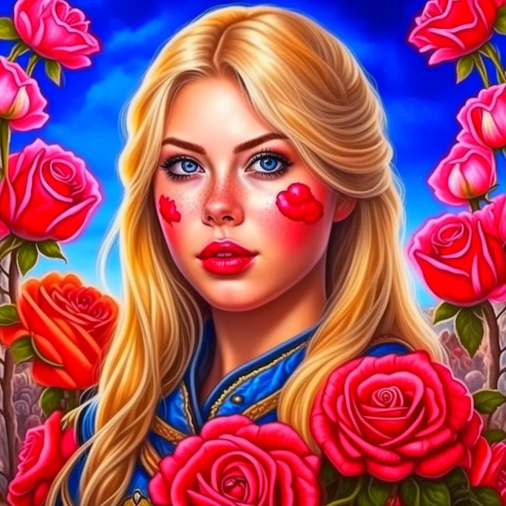 Blue eyed traditional blonde Viking woman art with nature and roses in the background