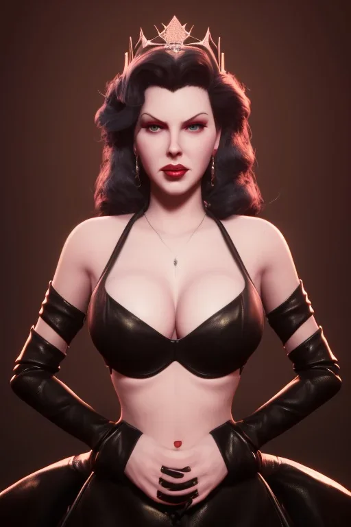 Lana Turner as evil queen in black leather, leather, busty, cleavage, angry, stern look. character design by cory loftis, fenghua zhong, ryohei hase, ismail inceoglu and ruan jia. unreal engine 5, artistic lighting, highly detailed, photorealistic, fantasy