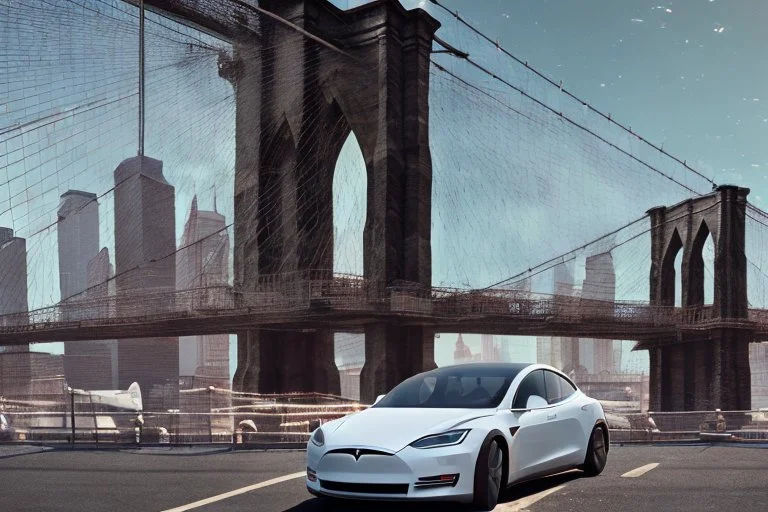 A Tesla's 'Model S' is parked, on the 'Brooklyn Bridge' in New York. CINEMATIC. WIDE ANGLE LENS. PHOTO REAL.