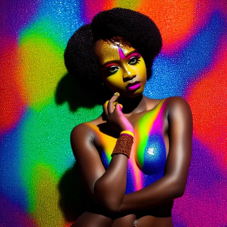 full body shot, masterpiece, best quality, girl, black skinned, hand touching chin, sparkling eyes, fluorescent skin, colorful makeup, afro, highly detailed body, afrofuturism, scifi, sun light, 4K, RAW, depth of field, high contrast, realistic details, 24mm