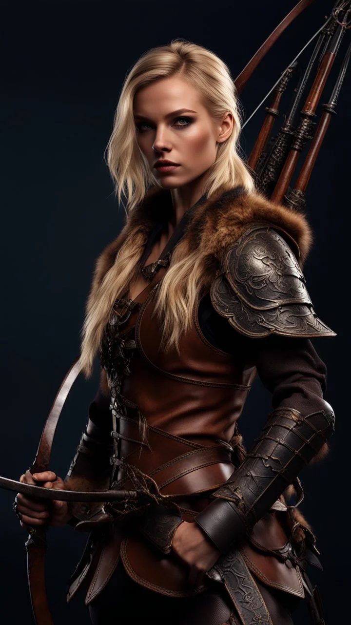 blonde female hunter with a bow wearing leather half armour dark fantasy Realistic 4k