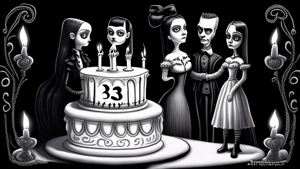 draw a birthday cake with logo number 23 or one candle 23 .Insanely detailed Addams Family movie still with Barbie dolls, art by tim burton