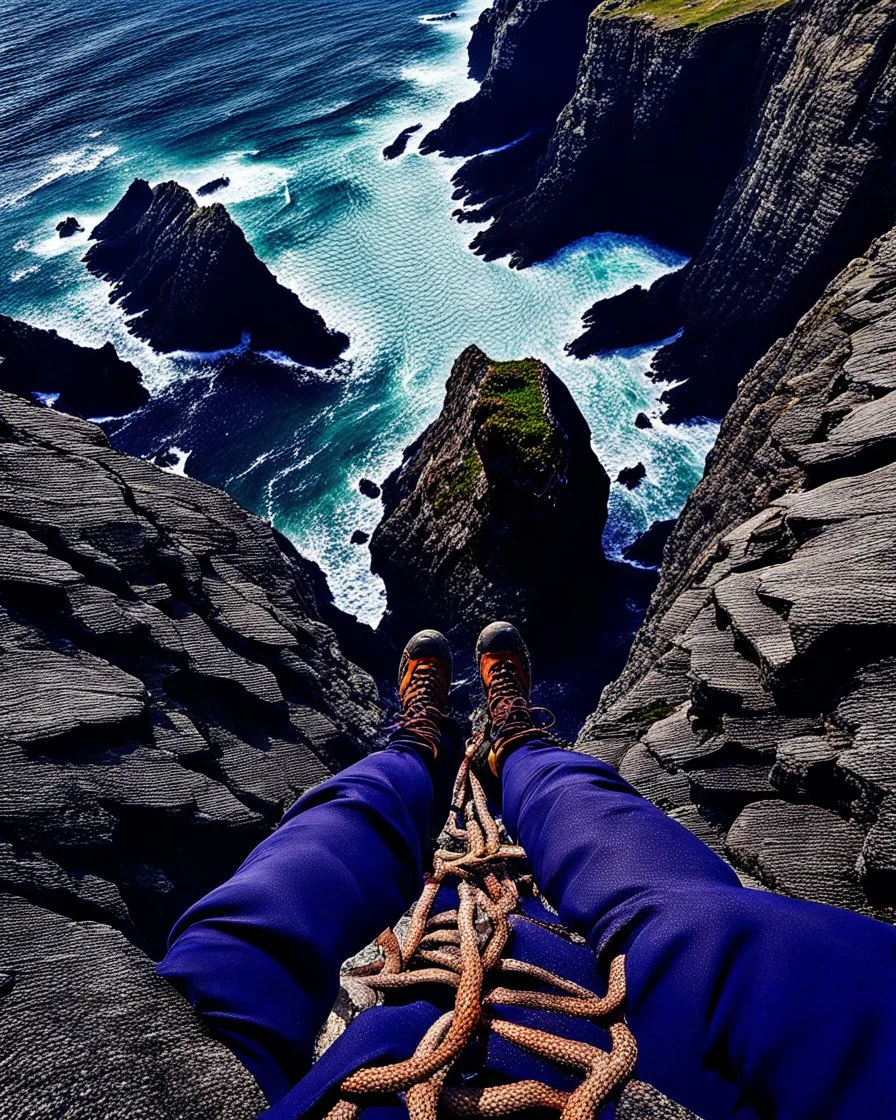 from the point of view of a rock climber, look down at the ocean rocks below as you climb high into the bluffs of ireland. holding on to the cliff face, the ocean below storms and swirls around a giant whirlpool, a great pit in the ocean
