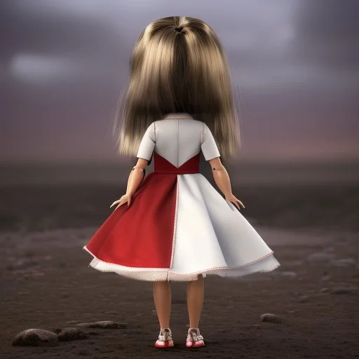 A girl's doll wearing a white dress with red blood bleeding from the back