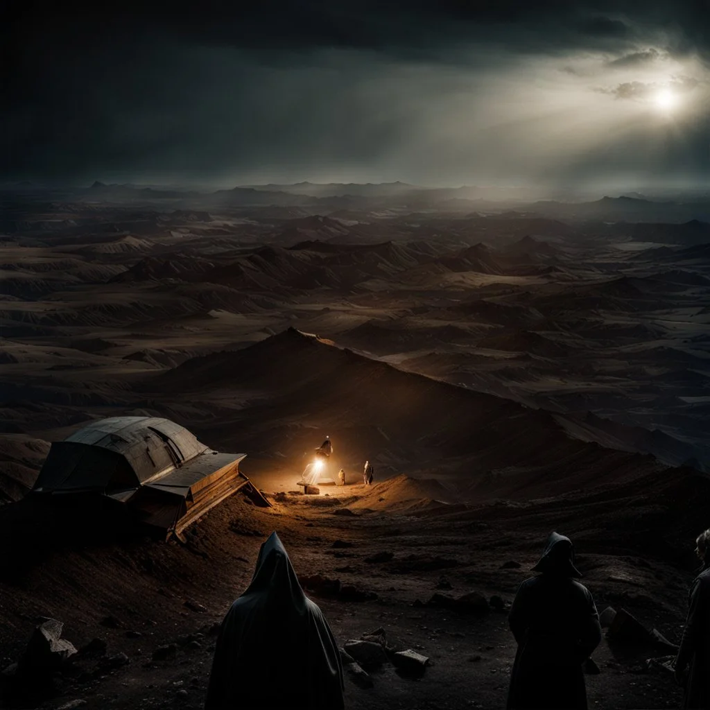 Photorealistic nothingness and distress, wasteland night, Hieronymus Bosch, volumetric light, movie shot, details, high contrasts, nightmare, hypermaximalist